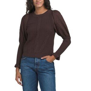 NANCY YANG Brown Cable Knit Puff Sleeve Sweater